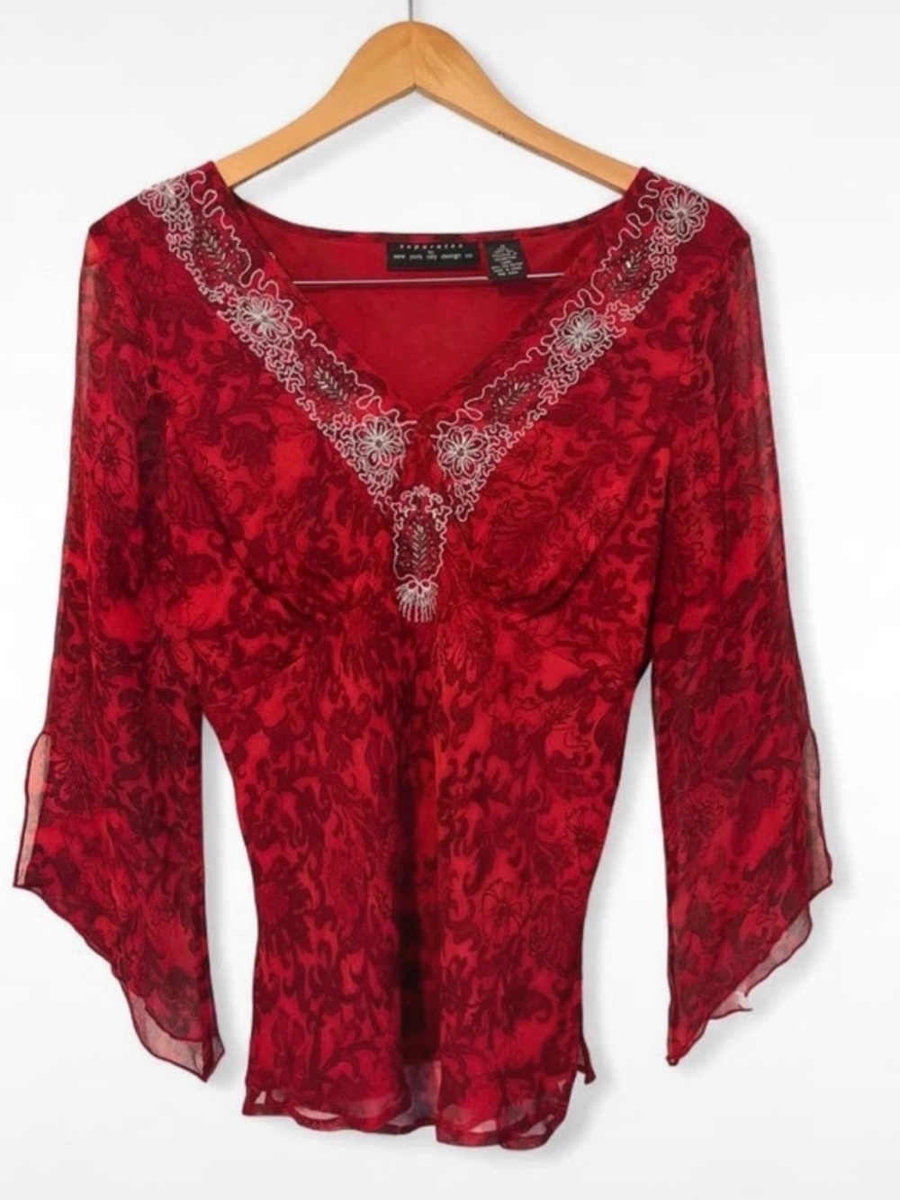 Vintage Separates NYC 100% Silk Floral y2k Blouse Beaded Whimsigoth